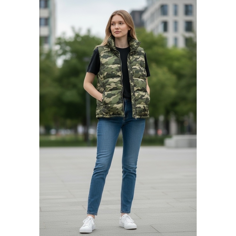 Old Navy Womens Puffer Vest Camo Green Zip Up Stand‎ Collar Size M